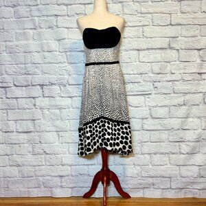 Anthropologie Christopher Deane Black & Cream Silk Dots Strapless Midi Dress